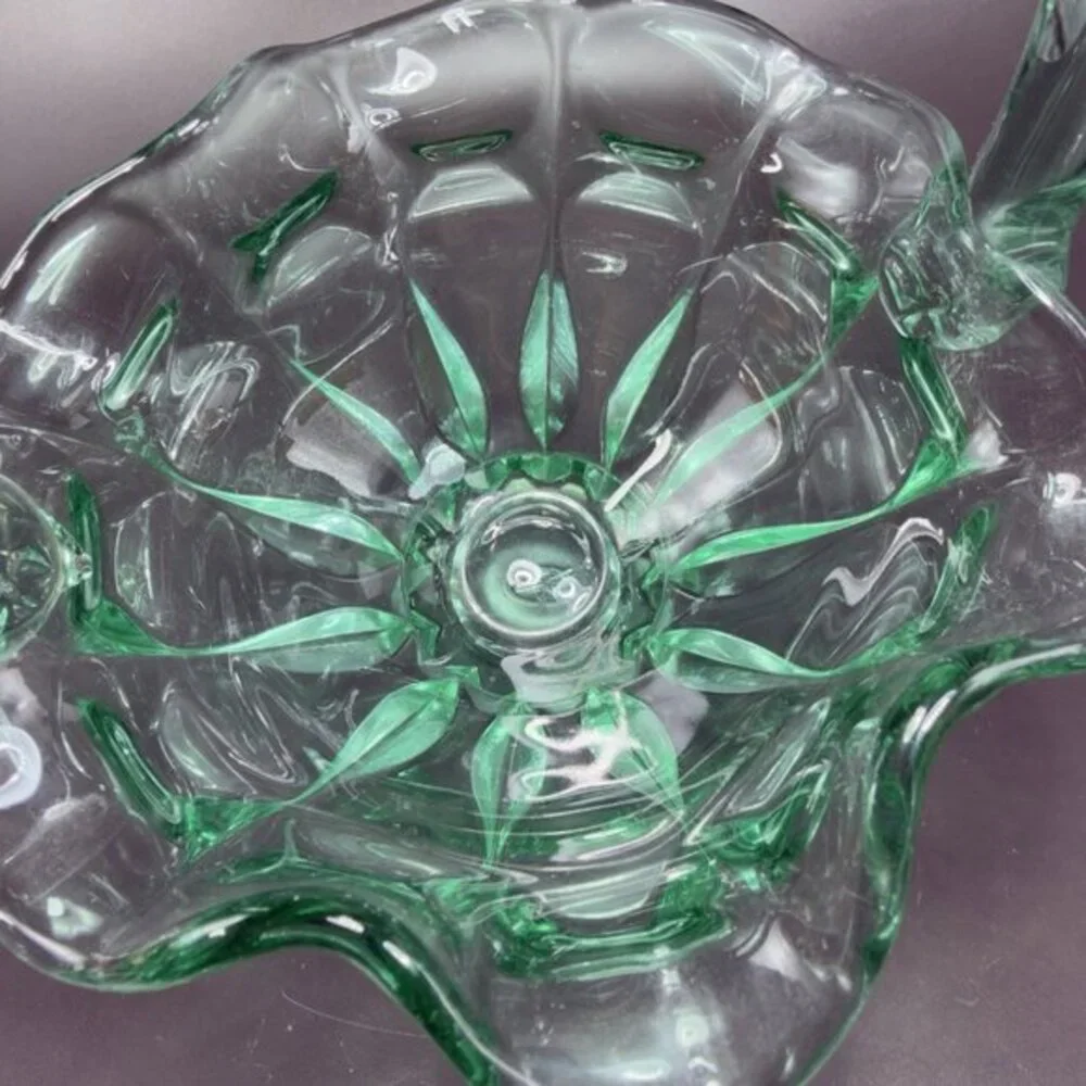Vintage 1990s Fenton Sea Mist Green Glass Basket Ruffle‎ Edge Bowl W Handle VTG